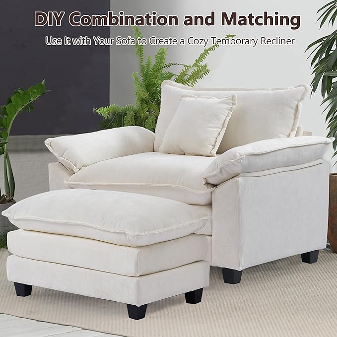 SweetGO corporation 45" Chenille Lounge Chair for Reading, Modern Couch Cozy Sofa Bed, Upholstered Living Room Single Sofa Accent Chair with Ottoman, Beige