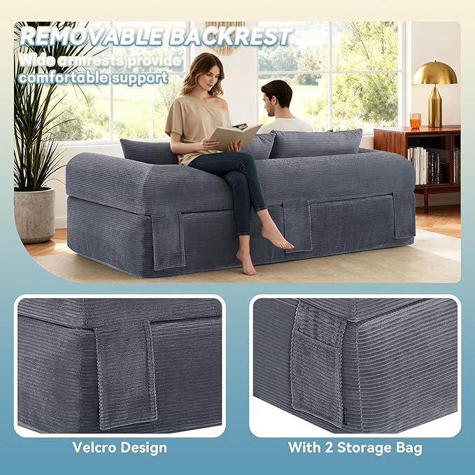 GJQ 83" Boneless Couches for Living Room,Corduroy 3 Seater Couch in a Box with 4 Pillows & Storage Pocket,Convertible Sleeper Sofa Bed Compressed Floor Sofa,Deep Gray