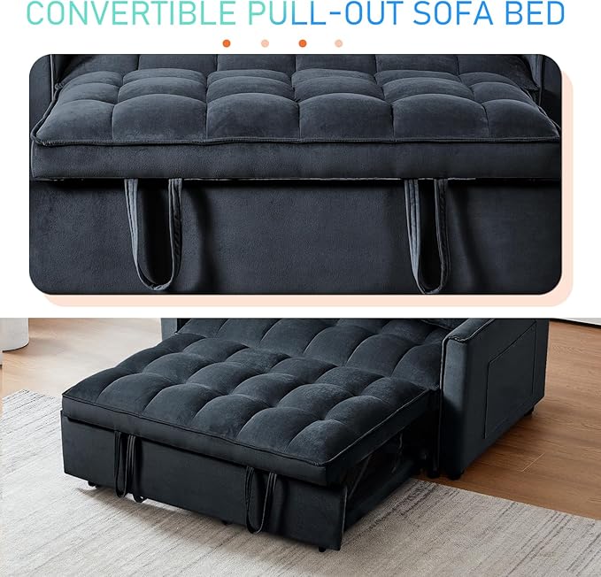 3 in 1 Convertible Sleeper Sofa Bed, Futon Couches for Living Room with Side Pocket | Adjustable Backrest| Velvet Fabric | Pull Out Couch | Love seat Sofa|2-seat Sofa Bed (Black)