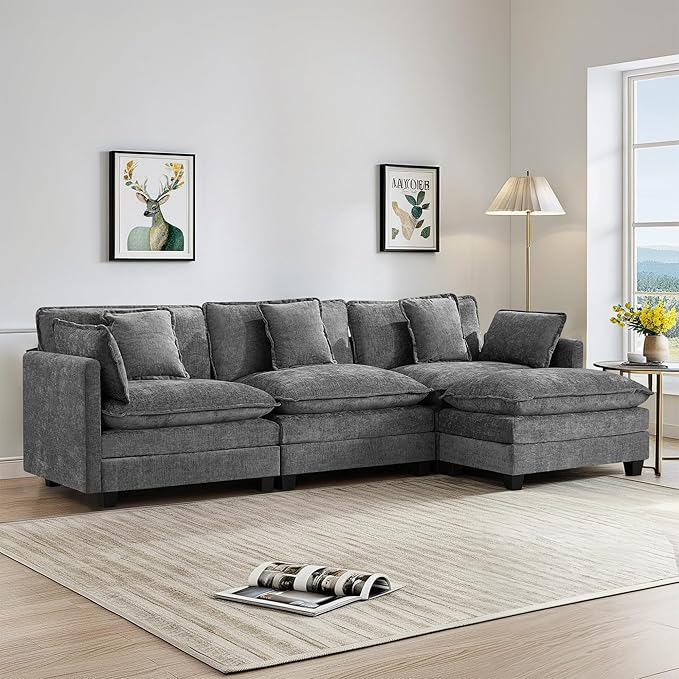 UMBFUN 3-Seater Cloud Couch with Ottoman, Oversized Comfy Modular Sectional L Shaped Sofa with Deep Seats, Chenille Couch for Living Room, Grey