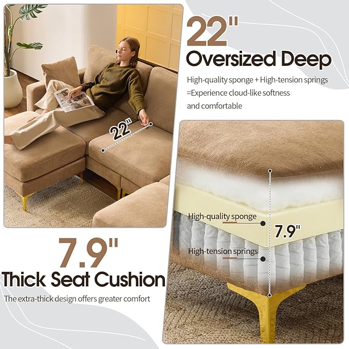 VINGLI 100" W U Shaped Couch with Ottoman, 22" Deep Seat Comfortable Sectional Couches for Living Room, 3 Seater Chenille Fabric Cloud Sofa for Apartment, Small Spaces, Bedroom, Khaki
