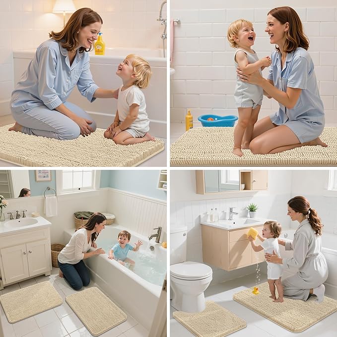Arotive Bathroom Rugs 70x24, Extra Soft Absorbent Shaggy Chenille Bath Rugs, Machine Washable Rubber Backing Non-Slip Bath Mats for Bathroom Floor Tub and Shower, Home Decor Accessories, Beige