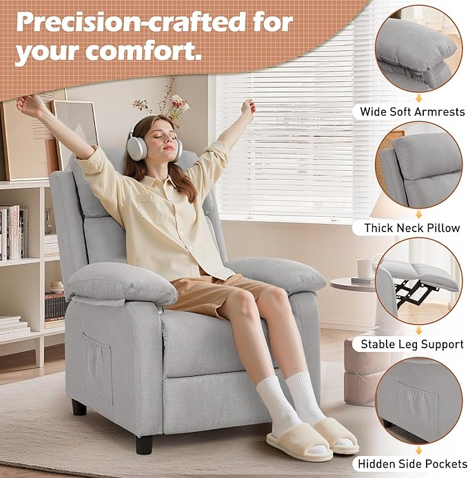 Recliner Chair, Living Room Chairs for Adults, Padded Deep Seat Reading Chair with Side Pockets, Small Recliners for Small Spaces, Lounge Chair for Living Room, Bedroom, and RV (Linen)
