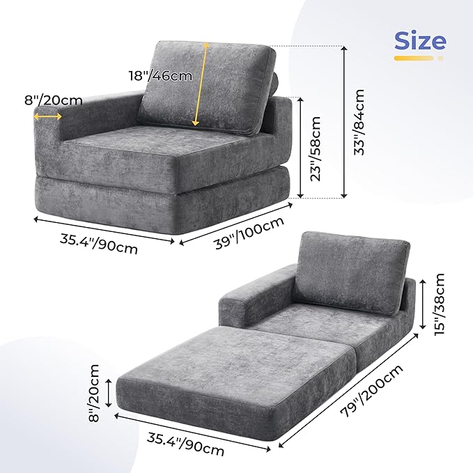 8" Thick Freestanding Folding Sofa Bed for Adults,Convertible L-Shaped Sleeper Chair with Right Armrest and Pillow,Lazy Couch for Living Room/Bedroom/Guest Use/Home Office/Apartment