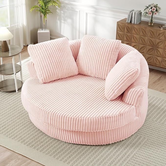 61"W Oversized Round Chaise Lounge Chair Indoor, Upholstered Corduroy Large Circle Boneless Chair with Deep Seat, No Assembly Required, Modern Comfy Cloud Sofa Chairs for Living Room, Bedroom(PInk)