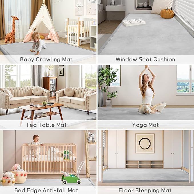 Baby Play Mat for Floor Tummy Time Mat Nursery Muscle Area Rug Playroom Rug Tatami 59"*59" Memory Foam 1.3" Thick Crawling For Babies,Toddlers, Infants, Kids,Floor(Light Gray)