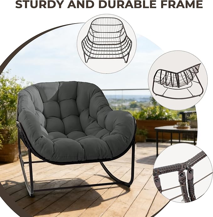 Sgentle Papasan Rocking Chair Outdoor, Oversized Patio Rocking Chair with Cushions & Steel Frame, Wicker Egg Lounge Chair Indoor, Comfy Reading Chair for Patio, Deck, Porch (Grey, Style 1)