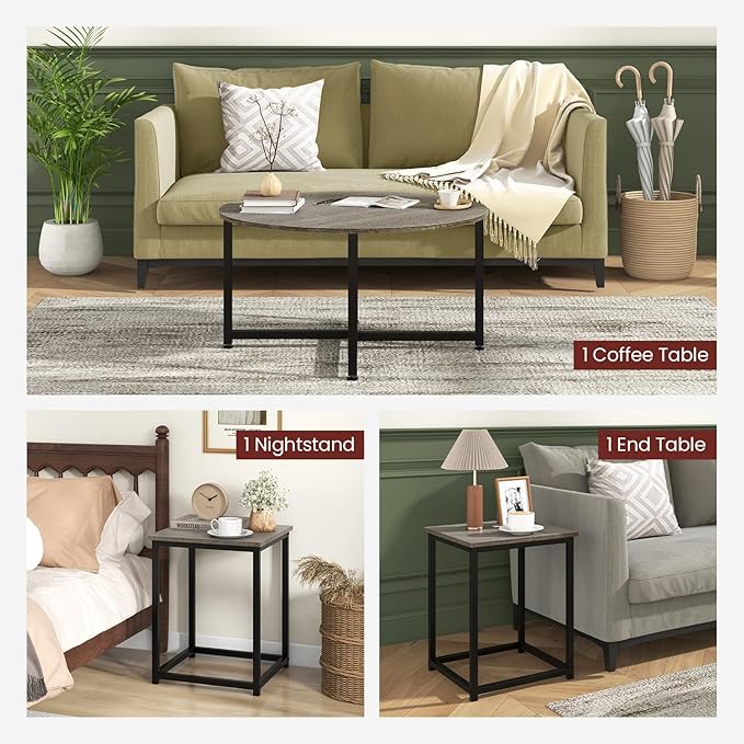 Giantex Round Nesting Table Set of 3, Farmhouse Coffee Table w/2 End Tables, Sturdy Metal Frame, 3-Piece Wooden Living Room Table Set for Home Office, Apartment (Black Oak)