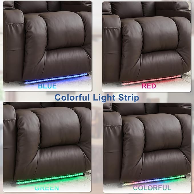 URRED Recliner Chair with Massage and Heat, Power Reclining Sofa Chair Home Theater Seating with LED Ambient Light, USB Ports, Cup Holders, Side Pockets, Faux Leather, Dark Brown