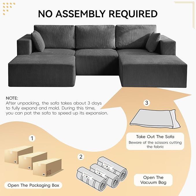 115'' U Shaped Boneless Sofa Couch, 3 Seater Modular Sectional Sofa with 2 Movealbe Ottoman, Corduroy Convertible Sleeper Couch with Chaise for Living Room, Grey