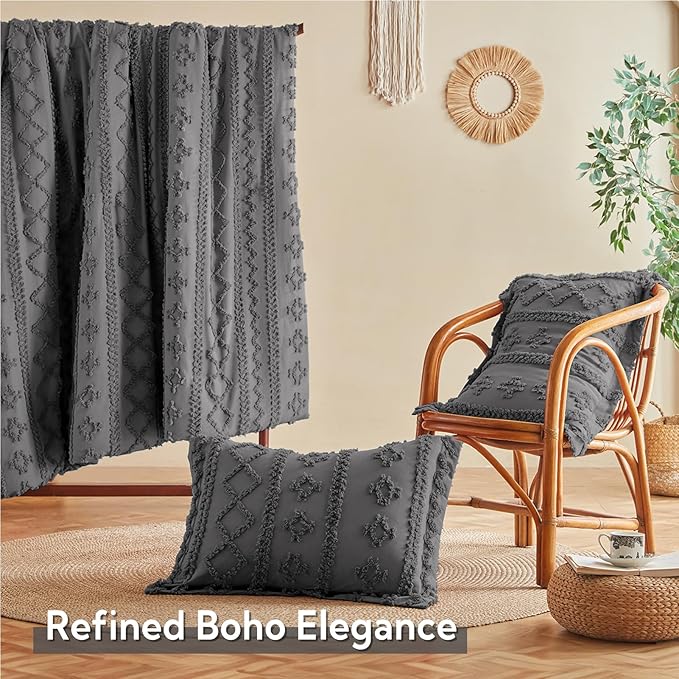 MR&HM Queen Comforter Set Dark Grey, 7 Pieces Tufted Boho Beddding Sets, Farmhouse Style Bed in a Bag with 1 Comforter, 2 Pillow Shams, 2 Pillowcases, 1 Flat Sheet, 1 Fitted Sheet for All Seasons