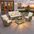 ovios 5 Pieces Patio Furniture Set, Outdoor Wicker Sofa Couch with Swivel Chairs Solar Lights Table, High Back Modern All Weather Conversation Sets, Grey Rattan, Grey