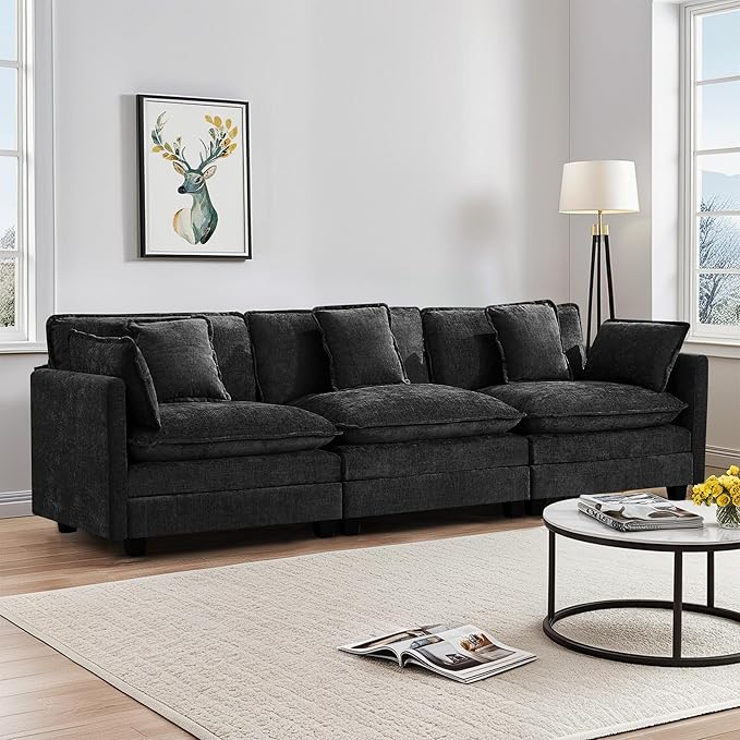 UMBFUN 3-Seater Cloud Couch, Oversized Modular Sectional Sofa with Deep Seat Soft Cushions, Comfy Chenille Couch for Living Room, Apartment & Family Space, Dark Grey