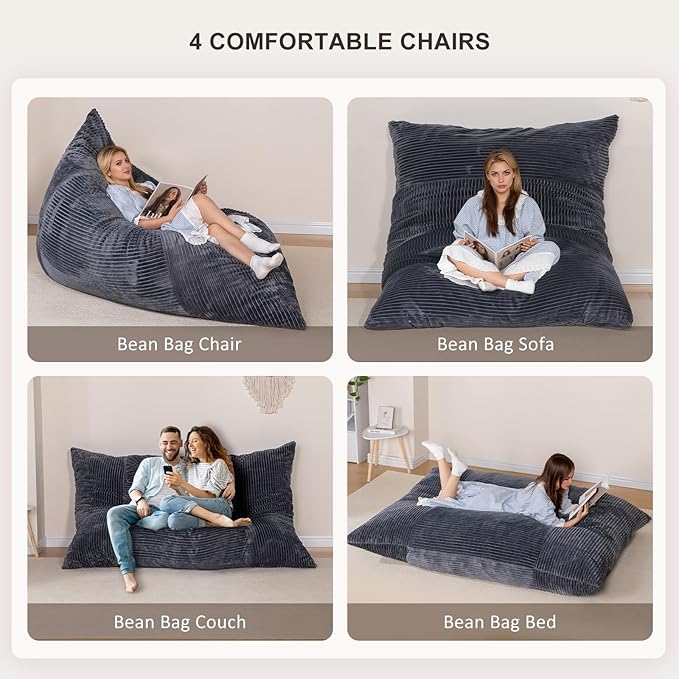 4 in 1 Giant Bean Bag Chair for Adults & Kids, 75” Beanbag Couch with High-Density Memory Foam Filling, Multifunctional Floor Sofa Lounger Suitable for Living Room Bedroom Apartment (Grey)
