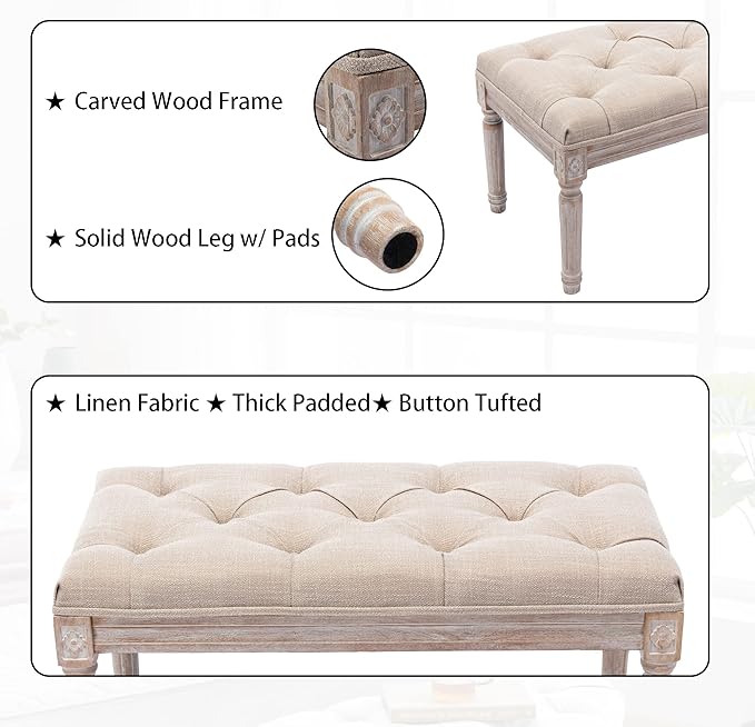 DM Furniture Upholstered Fabric Entryway Bench, Tufted Piano Bench for 2 People, Rubber Wood Legs with Beautiful Carved Pattern for Bedroom/Living Room/Dining Room (Beige)