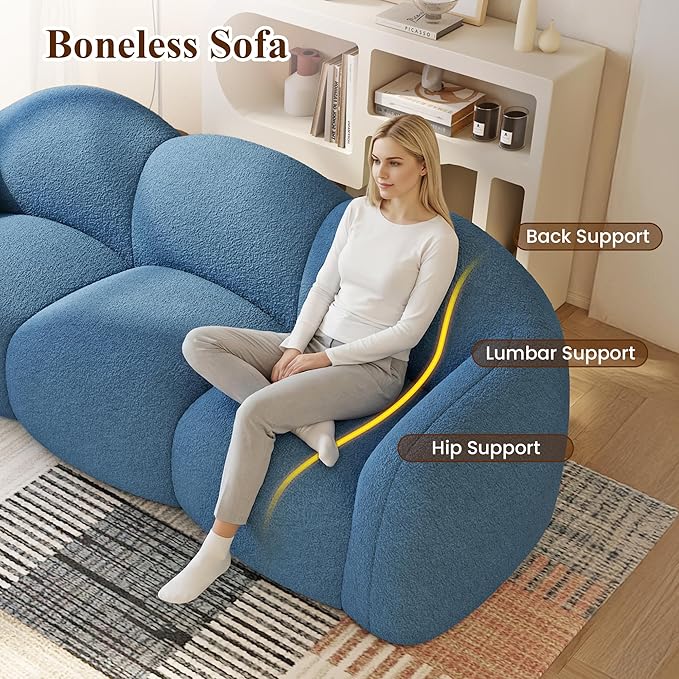 WJShome 90" Modern Curved Upholstered Cloud Couch, Deep Seat 3 Seater Bubble Couch, Cozy Boneless Plush Teddy Velvet Couches for Living Room, Bedroom, Apartment (Blue)