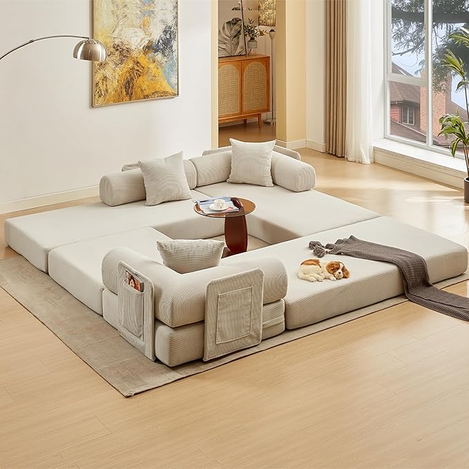 L Shaped Convertible Modular Sofa Bed with Cylindrical Pillow & Reversible Chaise, Corduroy Folding Floor Sofa Couch Bed with Fixed-Shape Frame & Storage Pocket for Living Room, Beige