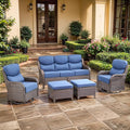 moosprr Luxury High Back Outdoor Furniture with 6-inch Extra Thick Cushions, Patio Furniture Set with Swivel Chairs, 5 PCS Wicker Conversation Set for Yard, Patio, Deck, Poolside, Brown/Blue
