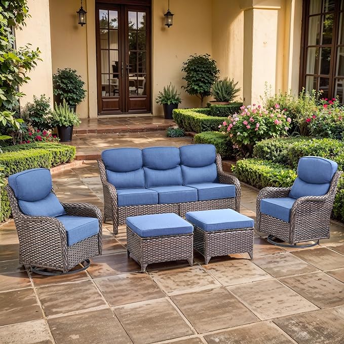 moosprr Luxury High Back Outdoor Furniture with 6-inch Extra Thick Cushions, Patio Furniture Set with Swivel Chairs, 5 PCS Wicker Conversation Set for Yard, Patio, Deck, Poolside, Brown/Blue