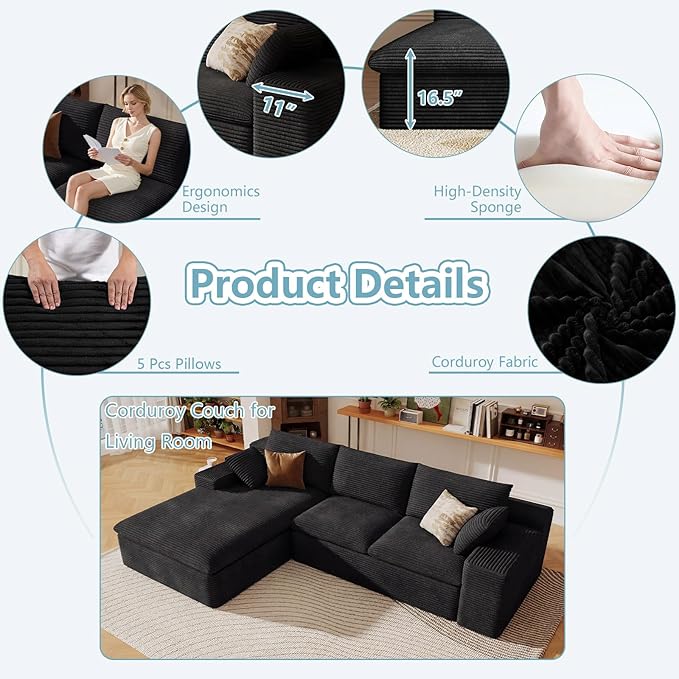 107" Cloud Sectional Couch with L-Shape Chaise, Modern Corduroy Viral Boneless Sofa for Living Room,Memory Foam Couches in a Box with Deep Seat,No Assembly Required (Black,Left-Facing Chaise)
