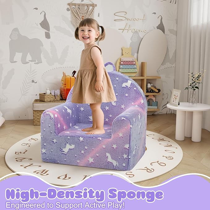 MeMoreCool Comfy Toddler Chair for 1-3 Years Old, Glow Unicorn Kids Reading Chair, Soft Plush Toddler Armchair, Cozy Foam Lounge Kids Armchair for Baby Room, Living Room, Playroom, Reading Nook