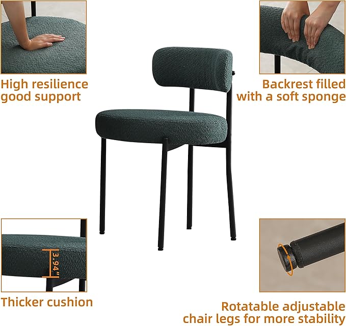 DYHOME Dining Chair One Chair for Kitchen Dining RoomUpholstered Boucle Dining Chair with Black Metal Legs,Curved Backrest Modern Dining Room Chair,Green