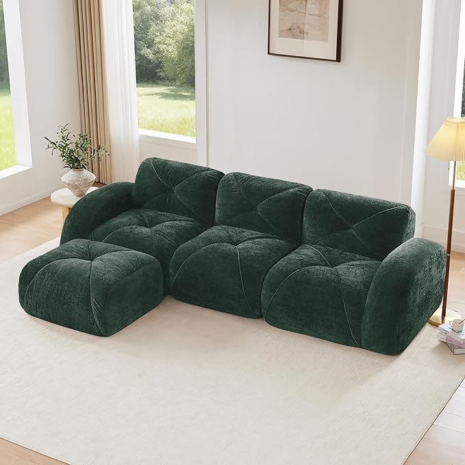 Modular Sectional Sofa with Free Combination,Boneless Floor Couch for Living Room & Lounge,Velvet 3-Seater Sectional Couch with Ottoman,No Assembly Needed