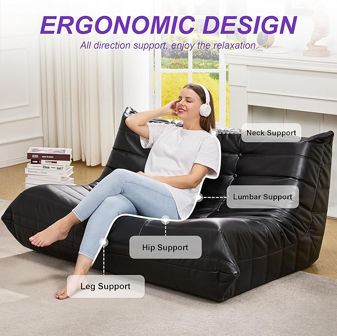 Hobestluk Bean Bag Chair Giant Bean Bag Sofa 2 Seater Bean Bag Chairs for Adults, Loveseat Floor Chair, Leather Bean Bag Chairs for Living Room Bedroom Dorm (Black, Loveseat)