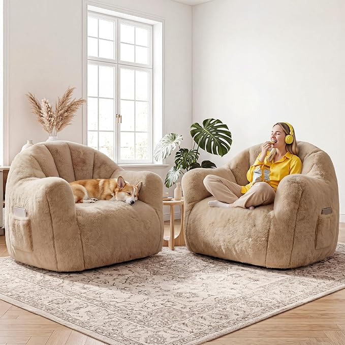 Homkdom Bean Bag Chair, Giant Bean Bag Chair for Adults, Shell-Shaped Bean Bag Couch with Armrests & Side Pockets, Comfy Beanbag Lazy Couch Reading Chair for Bedroom, Living Room, Khaki