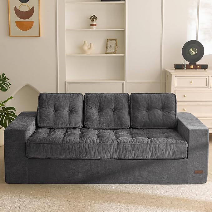 MAXYOYO Boneless Sofa Couch, Loveseat Sofa for Small Space, Tufted 3-Seater Floor Couch Bean Bag Chair for Living Room Bedroom Apartment, Sofa in a Box, No Assembly Needed, Dark Grey