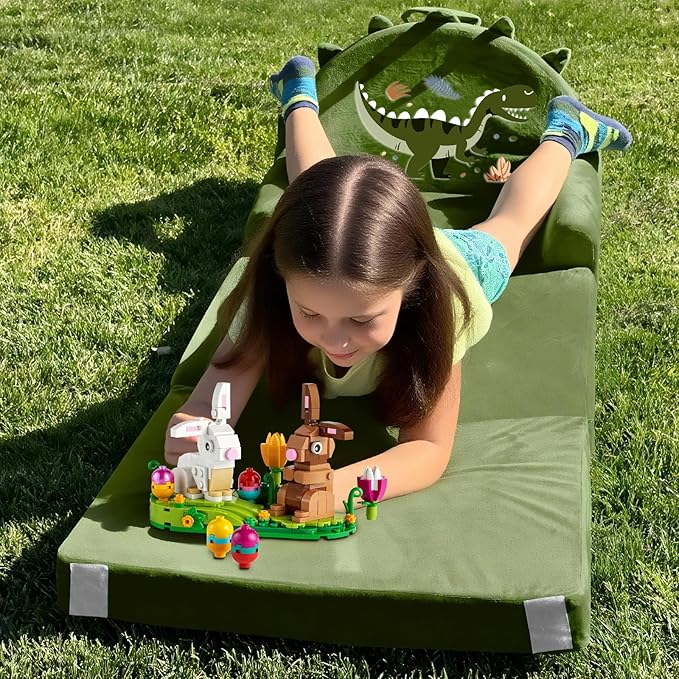 ORWIPO Dinosaur Kids Sofa Bed with Removable Washable Cover & Hook and Loop Backrest – Foldable Toddler Chair, Cozy Crystal Velvet Furniture for Playtime, Naps & Travel (Dark Green, Dino Design)