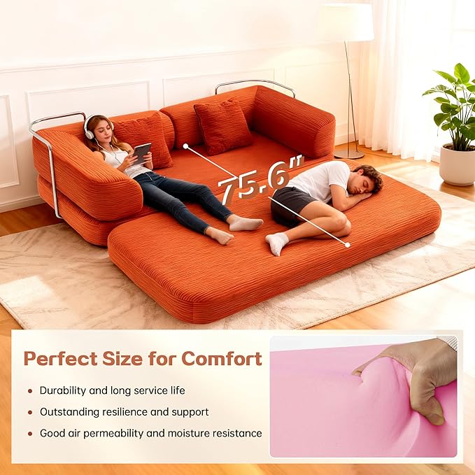 KEIKI 75" Modern Floor Sofa Bed with Convertible Blanket Pillow,Enhanced Frame Stability,Compressed Couch for Living Room