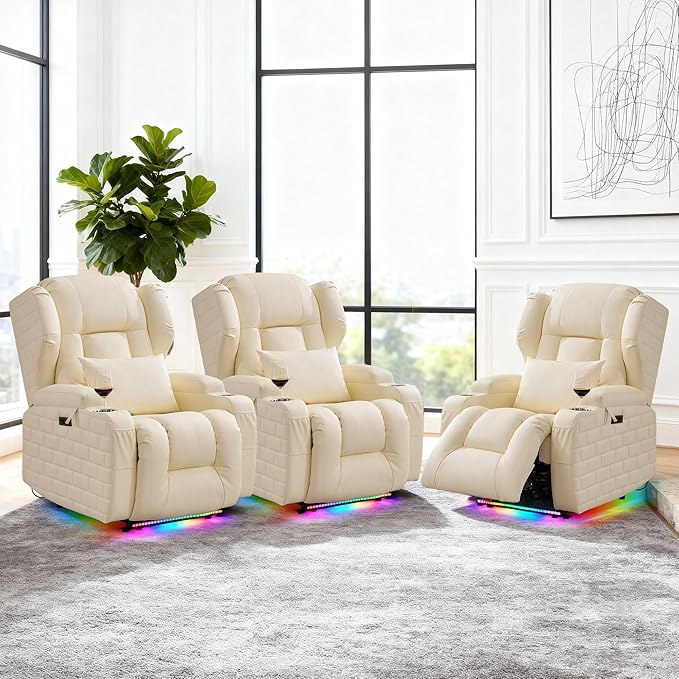 Wall Hugger Power Recliner Chair with Heat and Massage, Overstuffed Reclining Sofa Chair for Living Room Home Theater RV with 3-Side LED Lights/Cup Holders/USB & Type C Port (White)