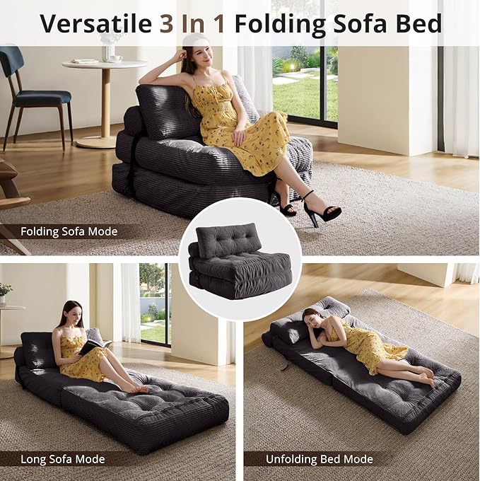 Convertible Sofa Bed & Couch Bed - Oversized Adult Sleeper Chair & Bean Bag Chair, Foldable Floor Bed with Backrest, Comfortable Lazy Sofa for Bedroom, Living Room & Dorm (Dark Gray, Single)