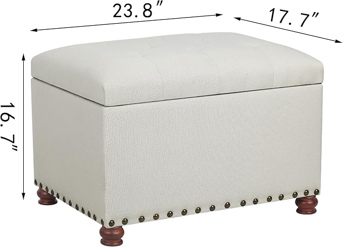 Joveco Storage Ottoman Linen Button Tufted Bench with Rivet, Rectangular Footrest Stool Coffee Table Seat for Living Room Bedroom, Off White