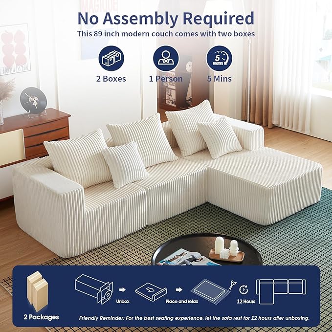 102" Sectional Couches for Living Room,Boneless Cloud Couch,L-Shaped Sofa with Oversized Deep Seat,Comfy Couch for Apartment,Compressed Sofa in a Box,No Assembly Required(Corduroy,Beige)