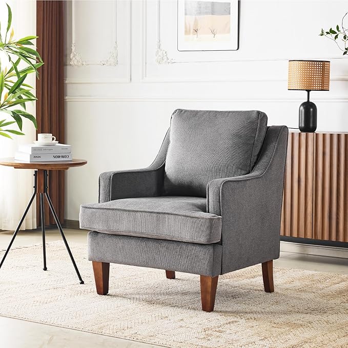VINGLI Mid-Century Modern Accent Chair, Light Grey Upholstered Armchair Comfy Sofa Chair Reading Chair High Back for Living Room Bedroom Furniture Apartment
