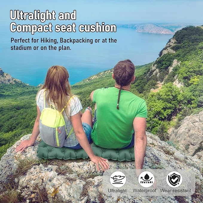 BreezCamp Inflatable Seat Cushion, Lightweight Stadium Seat Pad, Camping Accessories Chair Pad for Airplane Travel, Hiking, Climbing, Home and Office,Olive Green