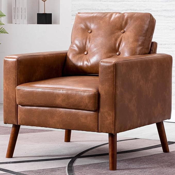 VESCASA Tufted Accent Arm Chair with Wood Legs, PU Faux Leather Comfy Upholstered Single Sofa, Mid Century Modern Side Club Leisure Chair for Reading/Living Room/Bedroom, Caramel