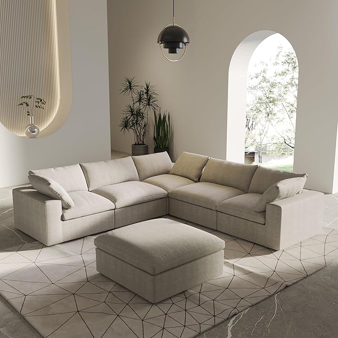 V-Shaped Cloud Sectional Couch, Modular Sectional Sofa, Modern Comfy Cloud Sofa with Storage Ottoman, Covers Removable, Convertible Sleeper Couch for Living Room Apartment (Khaki, Linen Fabric)