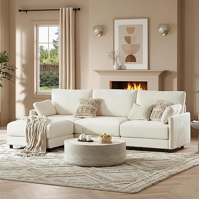 CHITA L Shaped Modular Sectional Sofa with Ottoman, Modern Cloud Couch for Living Room and Apartment, 4 Seat Extra Comfty Sofa, Removable Cover, 107 Inch Width, Cream