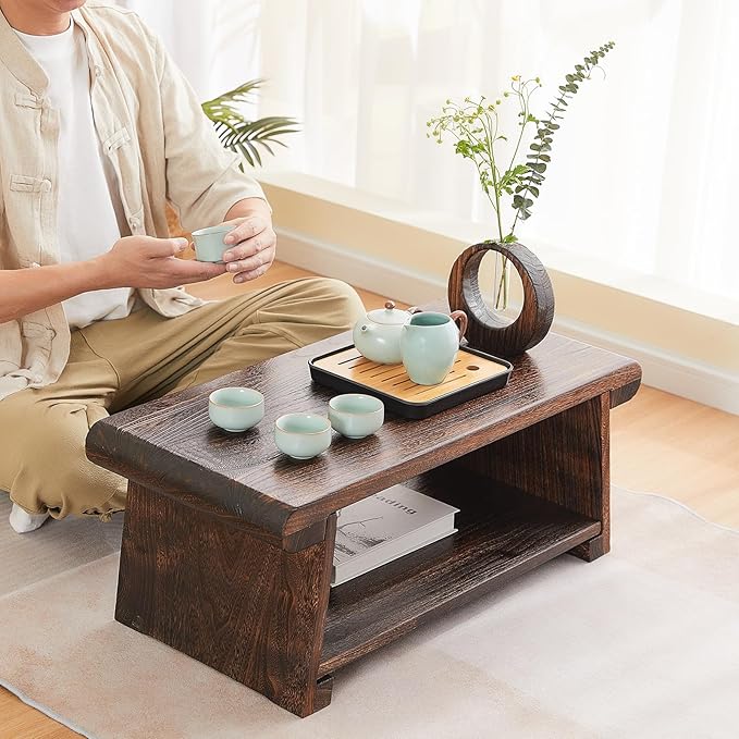 Folding Altar Table, Japanese Low Table for Sitting on the Floor, Wooden Meditation Table, Tea & Coffee Table, Brown, 26.7'x13.6'x11'