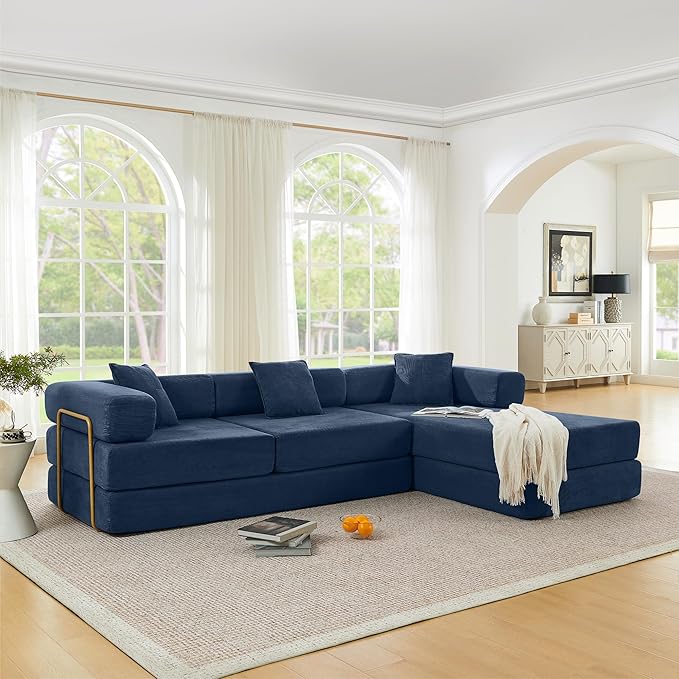 108" Convertible Sleeper Sofa Bed, Corduroy Folding Sofa Bed with Fixed-Shape Frame, Fold Out Floor Mattress Couch, Lazy Compression Sofas for Living Room, Bedroom, No Assembly Required,Blue