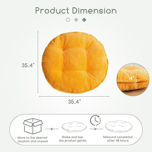 35" Washable Floor Pillow Cushion for Adults, Meditation Cushion Pillow, Extra Large Round Floor Sitting, Removable Tufted Corduroy Cover, for Tatami Living Room or Yoga, Orange, Machine Washable
