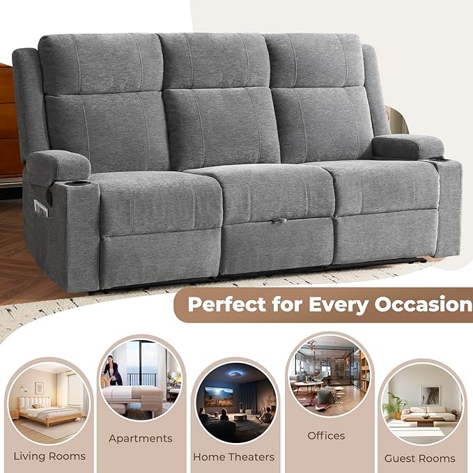 PALLOME 2 Piece Living Room Sofá Set, Modern Chenille Reclining Sofa Set with Convertible Center Console & Storage Ottoman, Space-Saving Couch for Home/Bedroom/Apartment (Grey)