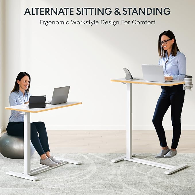 FLEXISPOT H7 Adjustable Overbed Bedside Table with Wheels Pneumatic Mobile Standing Laptop Desk Rolling Computer Cart Movable Overbed Table Hospital Home Use (31.5" W x 17.7" D, White Maple Large)