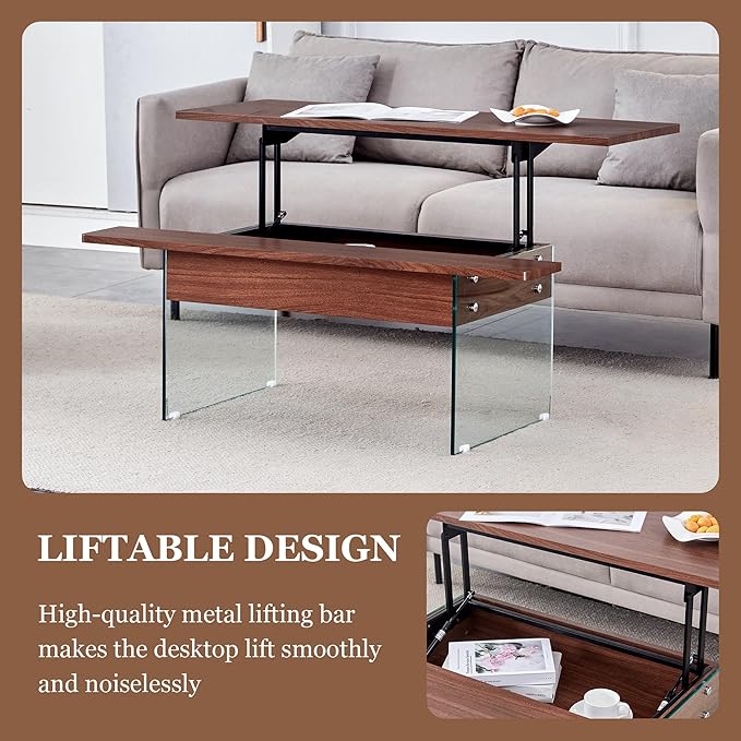 HanStrong 43.3" Lift-Top Coffee Table with Storage,Marble & Tempered Glass Space-Saving for Living Room,Office,Dark Brown