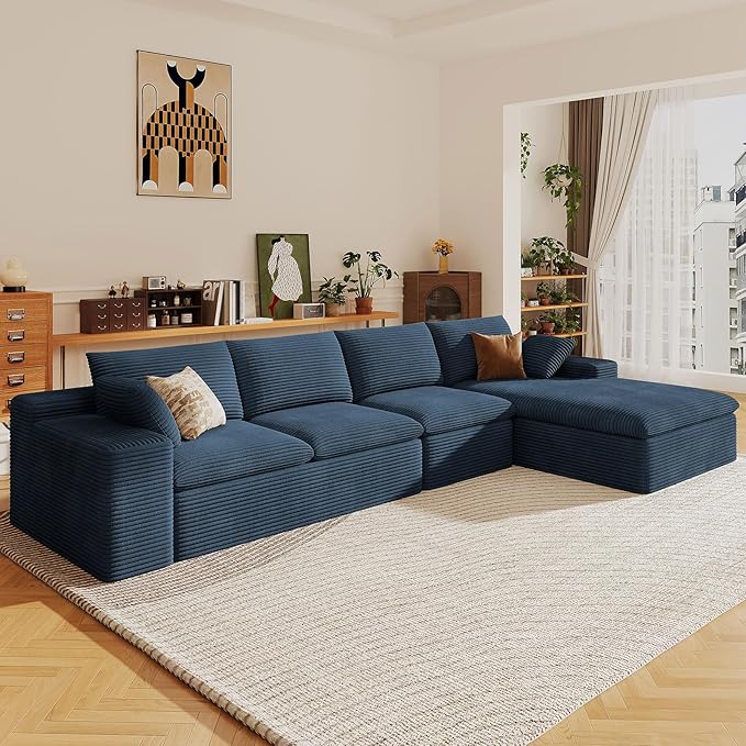 136" Cloud Sectional Couch with L-Shape Chaise, Modern Corduroy Viral Boneless Sofa for Living Room,Memory Foam Couches in a Box with Deep Seat,No Assembly Required (Blue,Right-Facing Chaise)