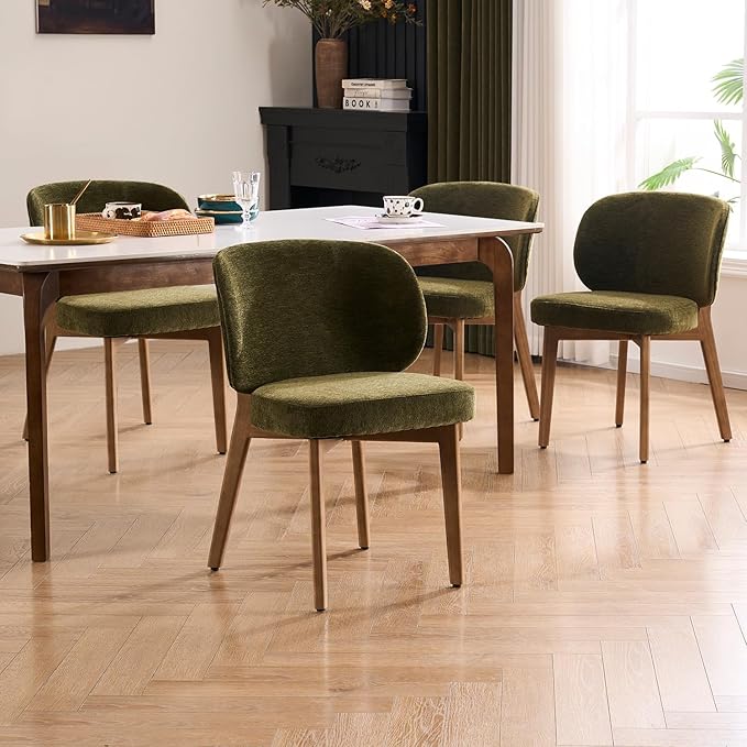YOUNUOKE Upholstered Dining Chairs Set of 4, Modern Chenille Fabric Dining Room Chair with Wood Legs, Widen Backrest Comfy Armless Side Kitchen Chairs, Green