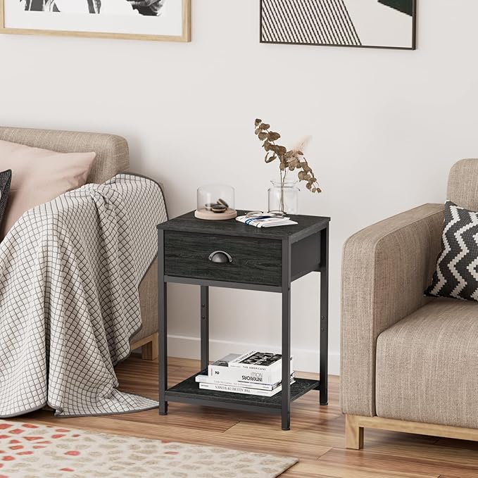 Furologee Nightstand with Fabric Drawer & Storage Shelf, Small Side Table for Small Space, 2 Tiers Industrial End Table for Living Room, Bedroom, Black Oak